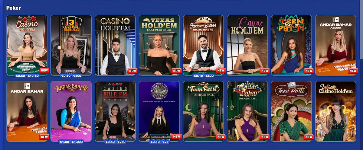 Pistolo live poker table with Casino Hold'em and Three Card Poker from Evolution